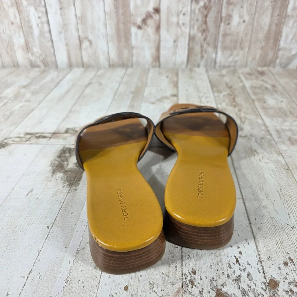 Tory Burch Miller 35mm Tan Leather Block Heel Slide Sandals 7.5M Square Toe